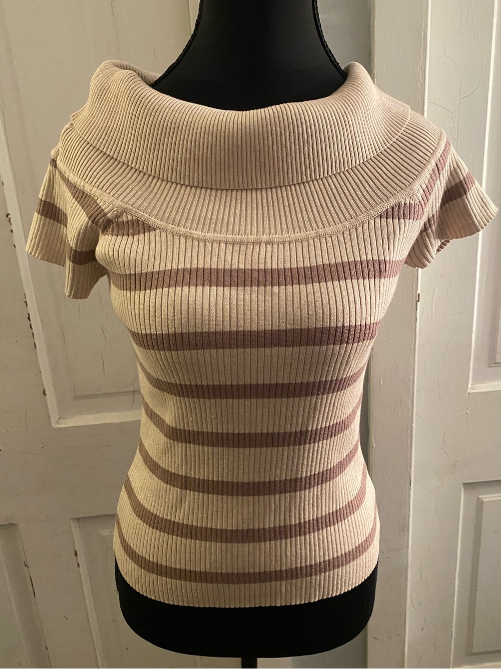 Olive & Oak Cream and Tan Striped Off-Shoulder Ribbed Sweater